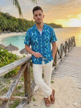 Vintage Hale-emi "Aloha Friday" Geometric Tiki Hawaiian Shirt Blue Green MCM Lrg